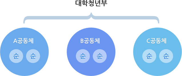 대학청년부 아래 여러 공동체, 각 공동체 아래 순으로 구성